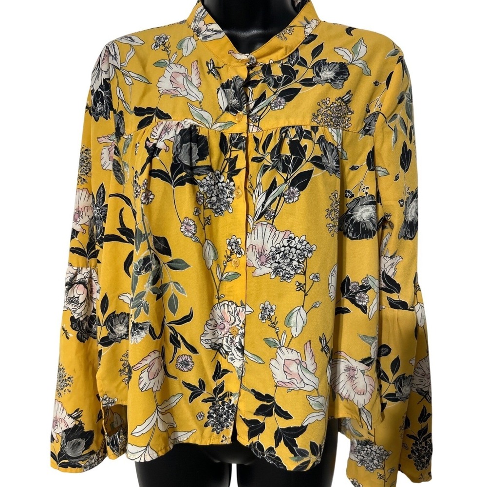 Lovefire Womens Floral Print Long Sleeve‎ Button Down Blouse Yellow Black M